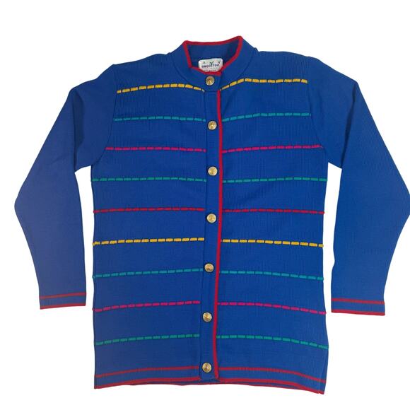 Vintage 80s Sweet Tree Cardigan Sweater Women’s M USA Acrylic Rainbow Stripe - Picture 1 of 6